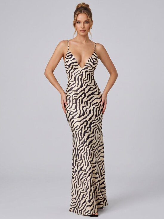 Dresses & Skirts - Women's Zebra Print Satin Maxi Dress Backless Strappy Evening Party Gown